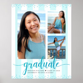 Poster Turquoise Blue Graduation 3 Photo Glitter Script