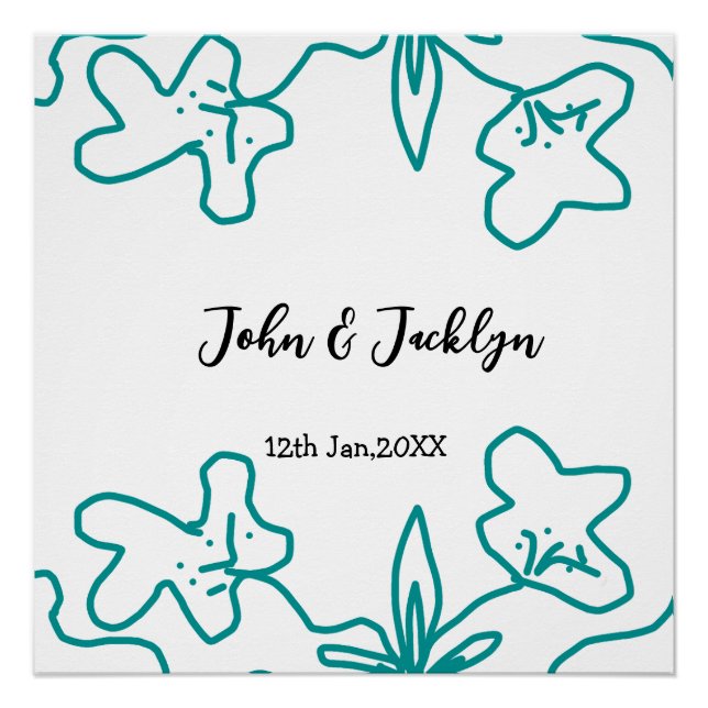 Póster Turquoise blue wedding couple name date flstylish  (Frente)