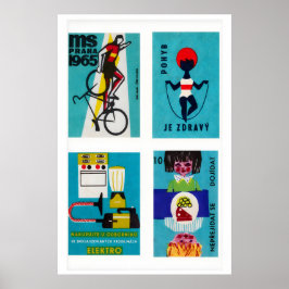 Poster Turquoise Czech Matchbox Labels Grid Print