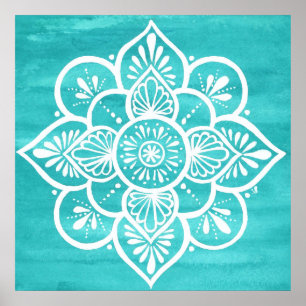 Poster Turquoise Watercolor White Mandala