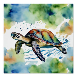 Póster Turtle Sea Abstrato Watercolor