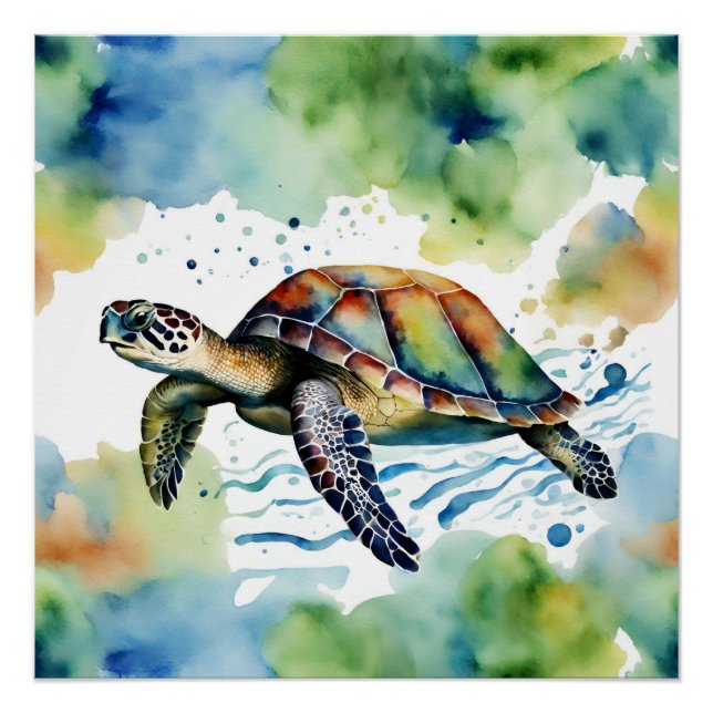 Póster Turtle Sea Abstrato Watercolor (Frente)