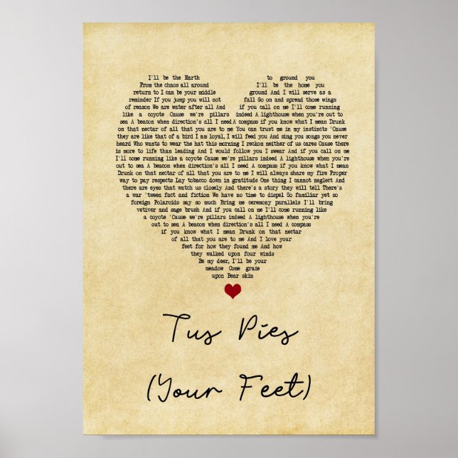 Poster Tus Pega Seu Feet Vintage Heart Song Lyric Impress (Frente)