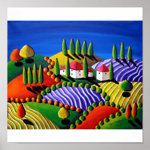 Póster Tuscan Paisagem Colorful Folk Art Canvas Imprimir