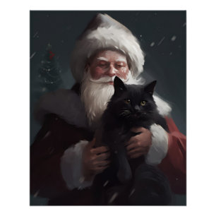 Póster Tuxedo Cat Com Papai Noel Natal Festivo
