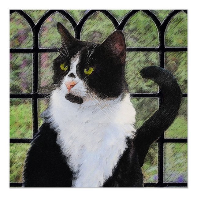 Póster Tuxedo Cat em Pintura de Janela Arte Animal Origin (Frente)