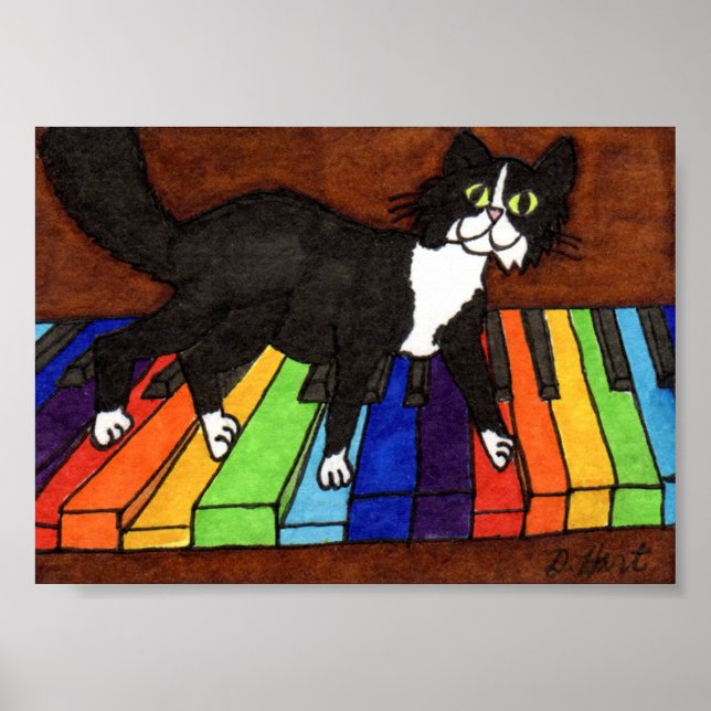 Poster Tuxedo Cat no Rainbow Piano Mini Folk Art (Frente)