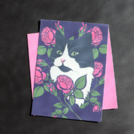 Poster Tuxedo Cat Peony Floral Art Tuxie Cats