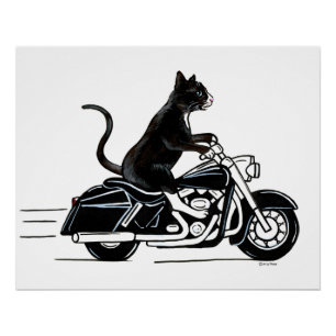 Póster Tuxedo Gato Negro Dirigindo Uma Moto