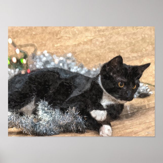 Poster Tuxedo Kitten Tinsel and Lights Painterly (Frente)