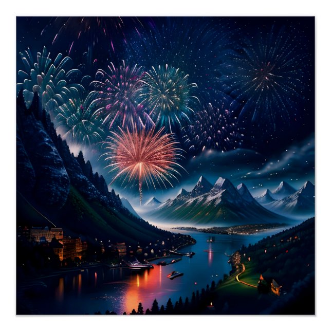 Póster Twilight Mountain com fogos de artifício (Frente)