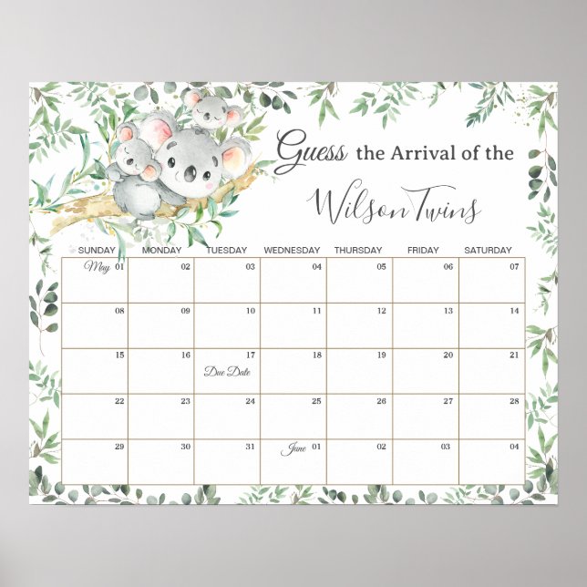 Poster Twins Koalas Greenerase Adivinha Jogo da Data de V (Frente)