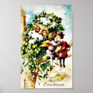 Póster Two angels sitting on the branch and kissing and a