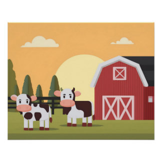 Póster Two Cows and a Red Barn at Sunrise