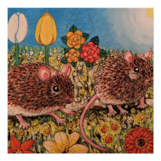 Póster Two cute mice and flowers Glossy Poster
