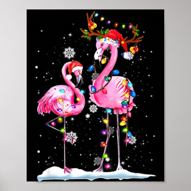 Poster Two Flamingo With Santa Hat And Lights Merry Chris (Frente)