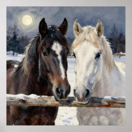 Poster Two Horses on a Snowy Farm Under the Moon