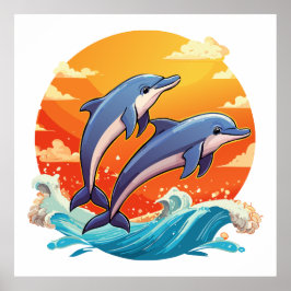 Poster Two jumping cartoon dolphin