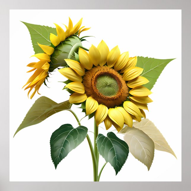 Poster Two Vibrant Sunflowers with Lush Green Leaves (Frente)