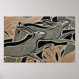 Poster Two wild rabbits with woodcut textures