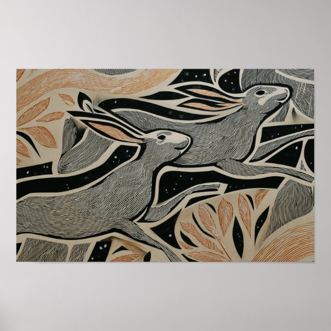 Poster Two wild rabbits with woodcut textures (Frente)