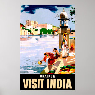 Poster Udaipur, Índia. Mulheres ao lago. Viagens vintage