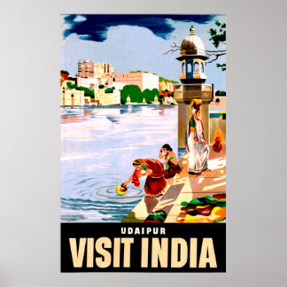 Poster Udaipur, Índia. Mulheres junto ao lago. Viagem ant