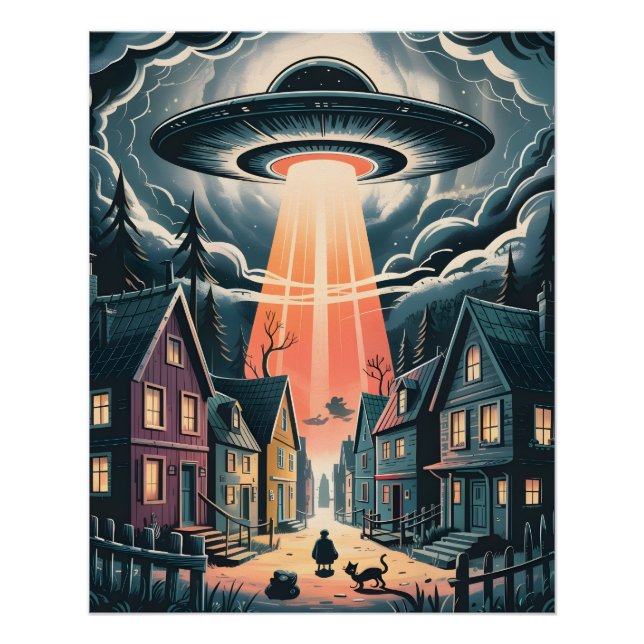 Póster UFO Abduction Night Street Illustration (Frente)