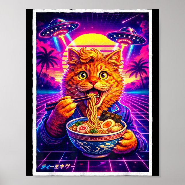 Poster Ufo ramen cat meme retro synthwave 80s graphic (Frente)