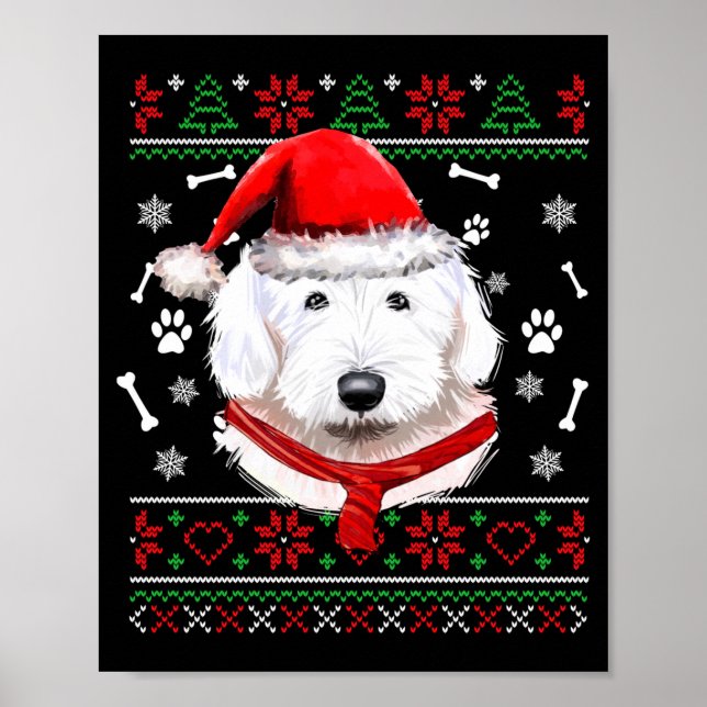 Poster Ugly Sweater Christmas Bobtail Dog Santa Hat Pajam (Frente)
