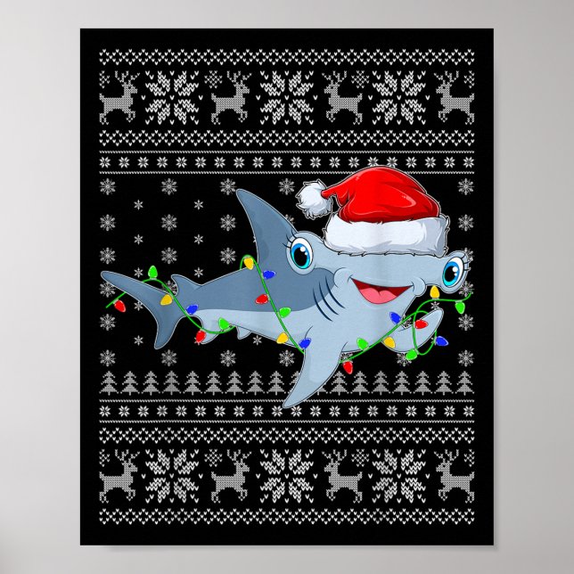 Poster Ugly Sweater Xmas Lights Santa Hammerhead Shark Ch (Frente)