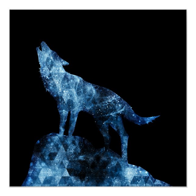 Póster Uivando a silhueta azul-cintilante de Wolf preto (Frente)