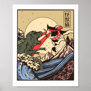 Poster Ukiyo-e Catzilla Samurai versus Giant Kaiju