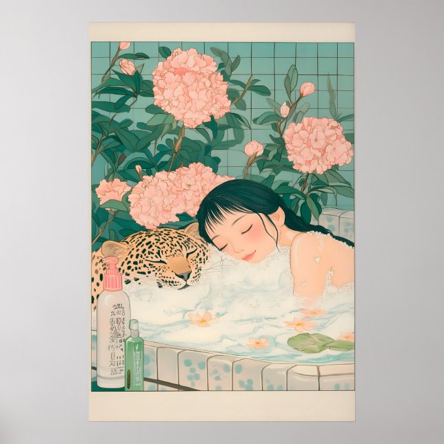 Poster Ukiyo-e Leopard Bath Art Print Japandi Bathroom (Frente)