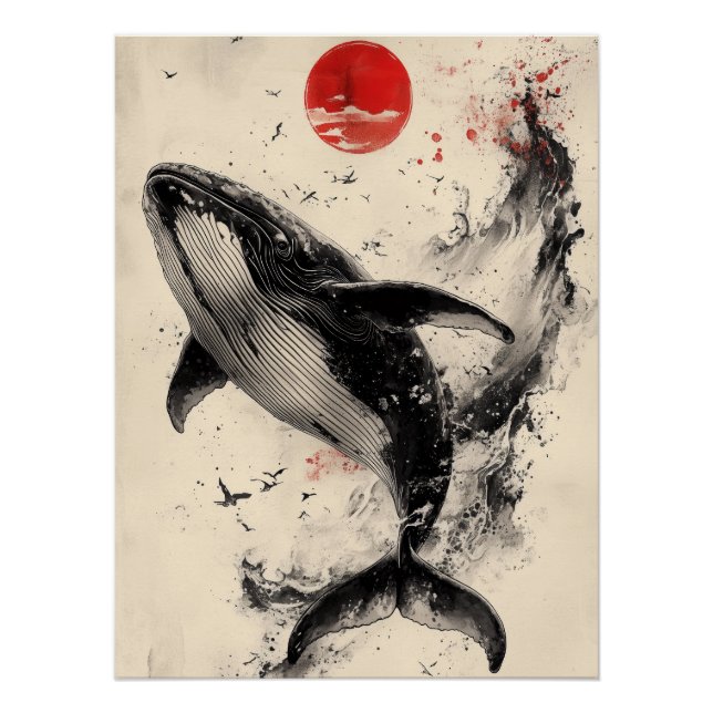 Póster Ukiyo-e Whale Art with Red Sun & Ink Splatter (Frente)