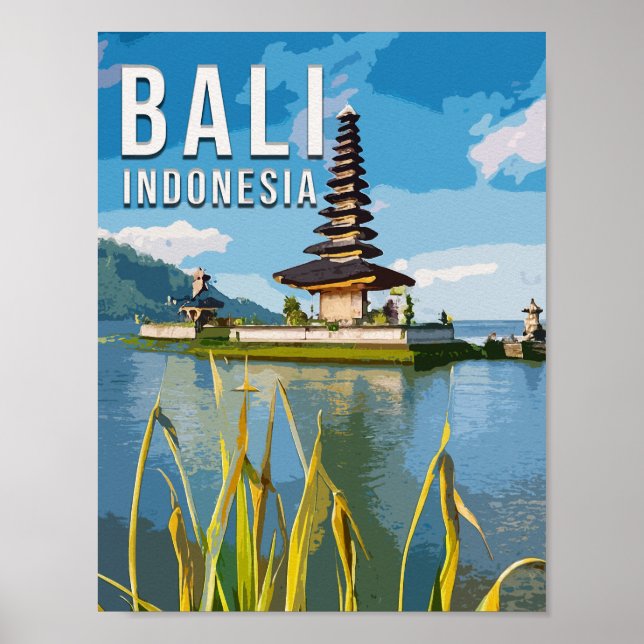 Poster Ulun Danu Beratan Temple Indonesia Watercolor (Frente)