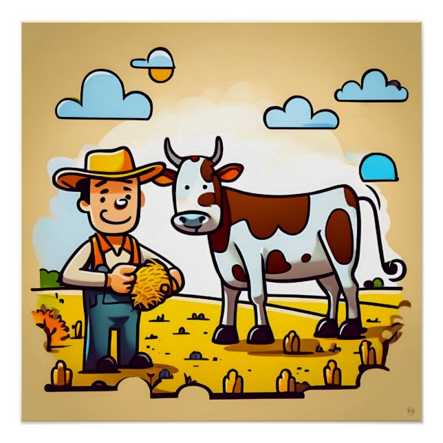 Póster Um Agricultor E Seu Poster De Vaca (Frente)