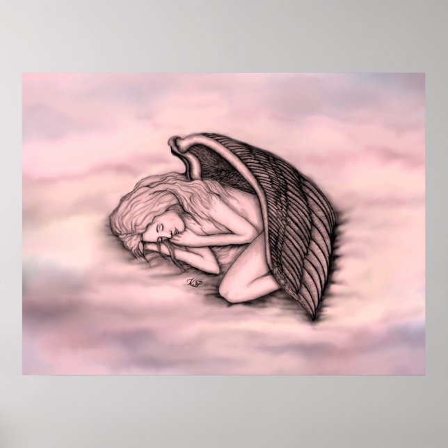 Poster Um anjo adormecido nas nuvens do céu em rosa (Frente)