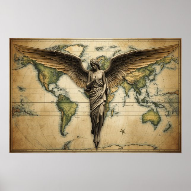 Poster Um Anjo Observando Cada País da Terra em uma Pared (Frente)