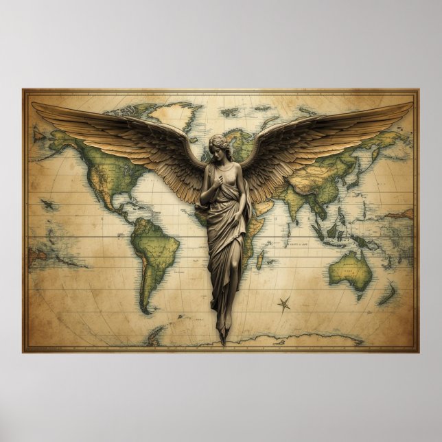 Poster Um Anjo Observando Cada País da Terra em uma Pared (Frente)