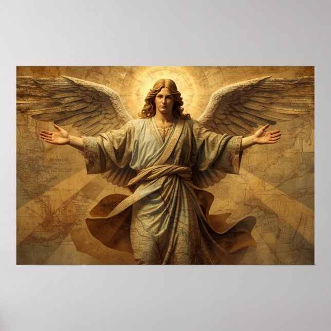 Poster Um Anjo Observando Cada País na Terra em uma Pared (Frente)