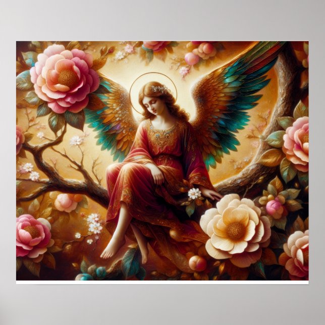 Poster Um Anjo Sentado num Galho de Árvore com Asas Reais (Frente)