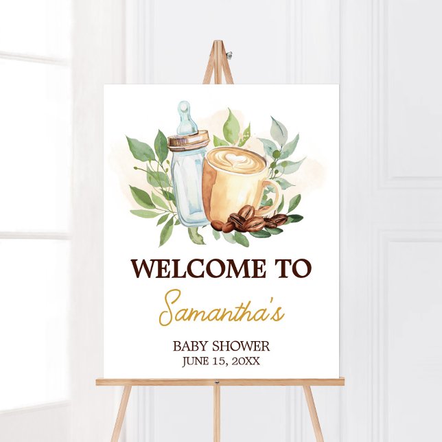 Poster Um bebê está criando café, bebê bebezinho. (Bottle and Coffee Baby Shower Welcome Sign)