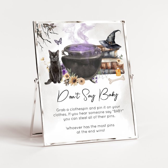 Poster Um Bebê Está Sendo Preparado Bruxa Não Diga Sinal  (Purple Witch Cauldron Baby Shower Don't Say Baby Sign)