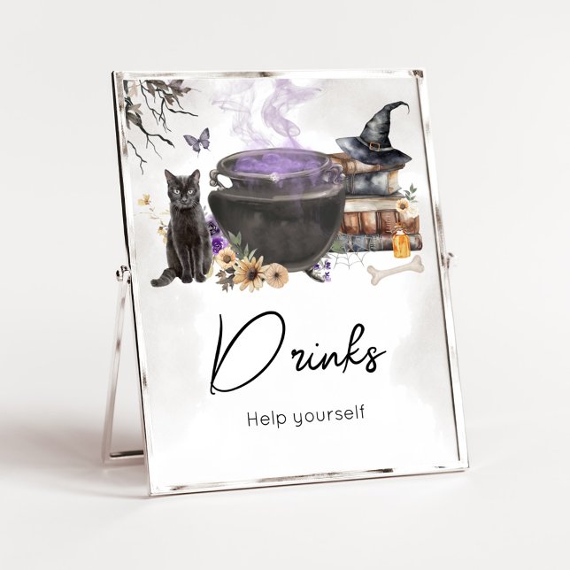 Poster Um Bebê Está Sendo Preparado Sinal de Bebidas de B (Purple Witch Cauldron Baby Shower Drinks Sign)