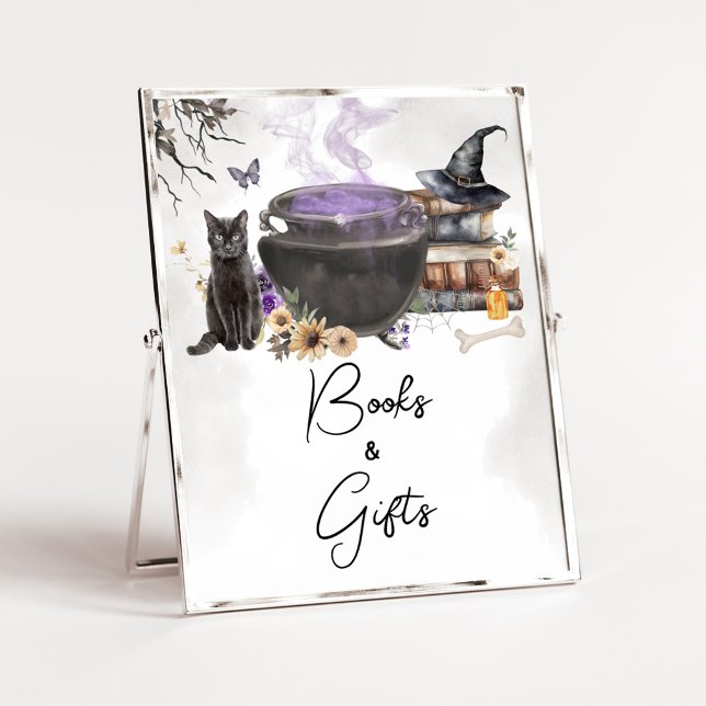 Poster Um Bebê está Sendo Preparado Sinal de Livros e Pre (Purple Witch Cauldron Baby Shower Books and Gifts Sign)
