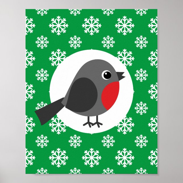 Poster Um belo desenho animado Robin com flocos de neve (Frente)