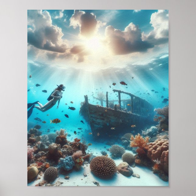 Poster Um belo mergulhador observa um naufrágio (Frente)