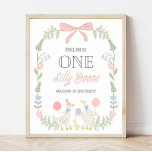 Poster Um Bobo Goose Floral Rosa Arco Aniversário Bem-vin<br><div class="desc">Sinal de boas-vindas do primeiro aniversario Cor-de-rosa com ganso de um Bobo</div>