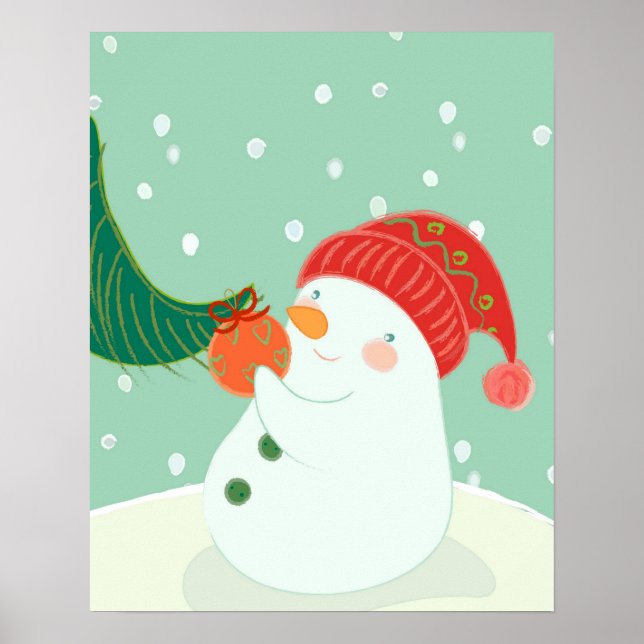 Poster Um boneco de neve pendurado num ornamento numa árv (Frente)